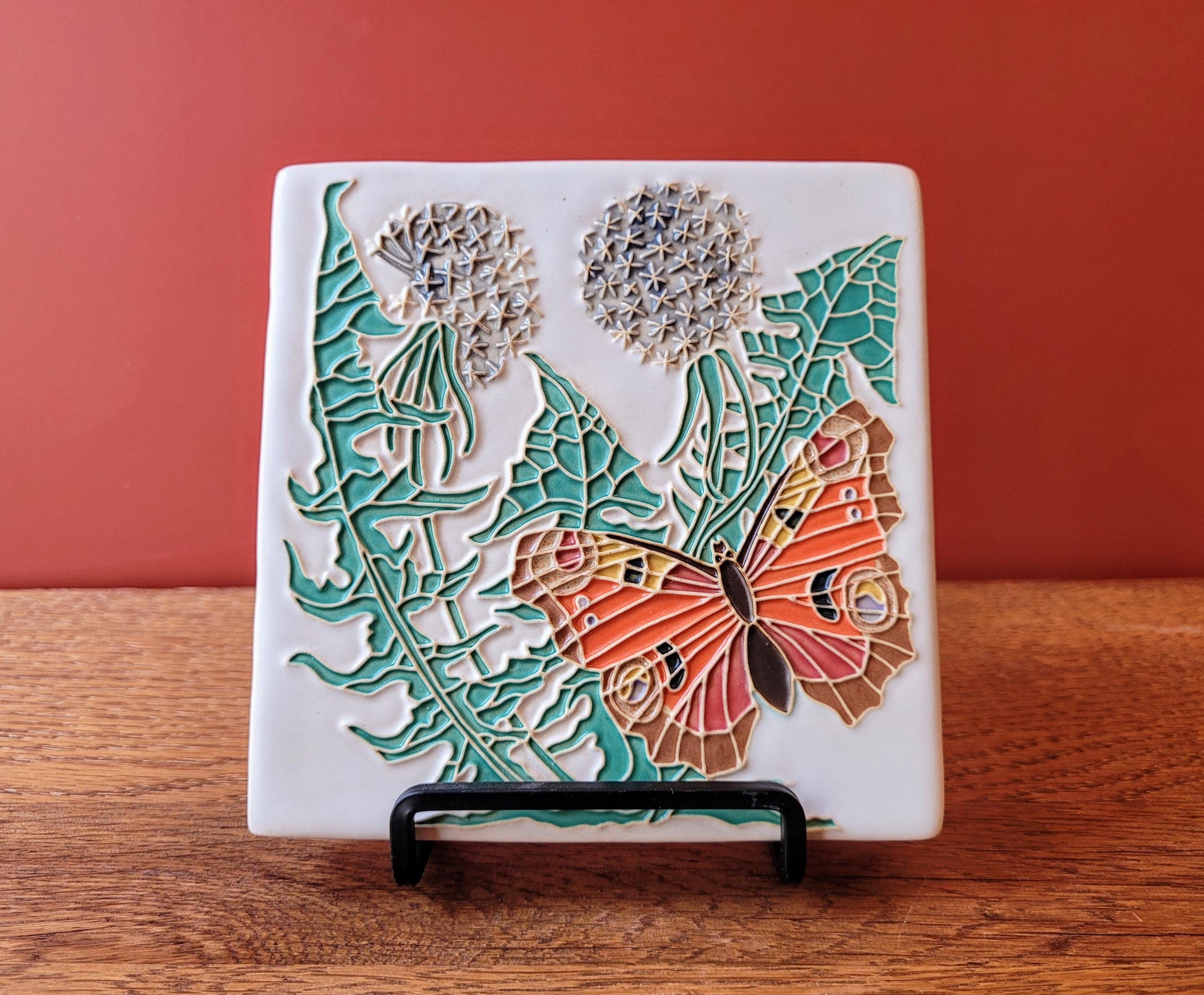 Peacock butterfly Dandelion tile, 5x5 handmade ceramic art tile