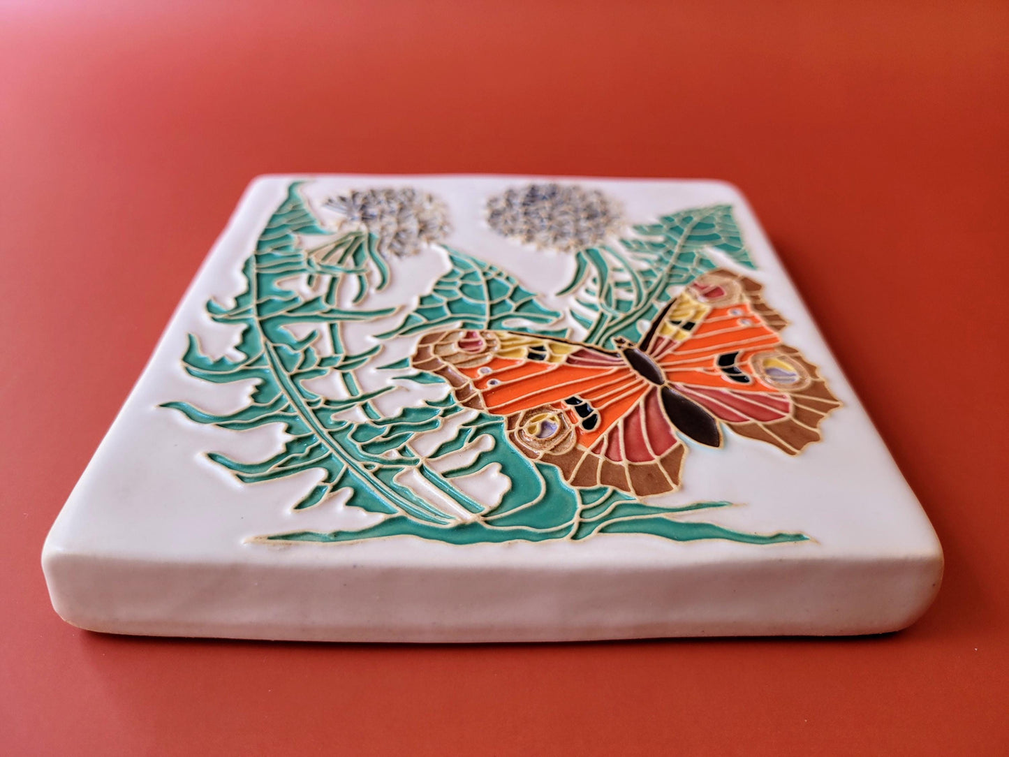Peacock butterfly Dandelion tile, 5x5 handmade ceramic art tile