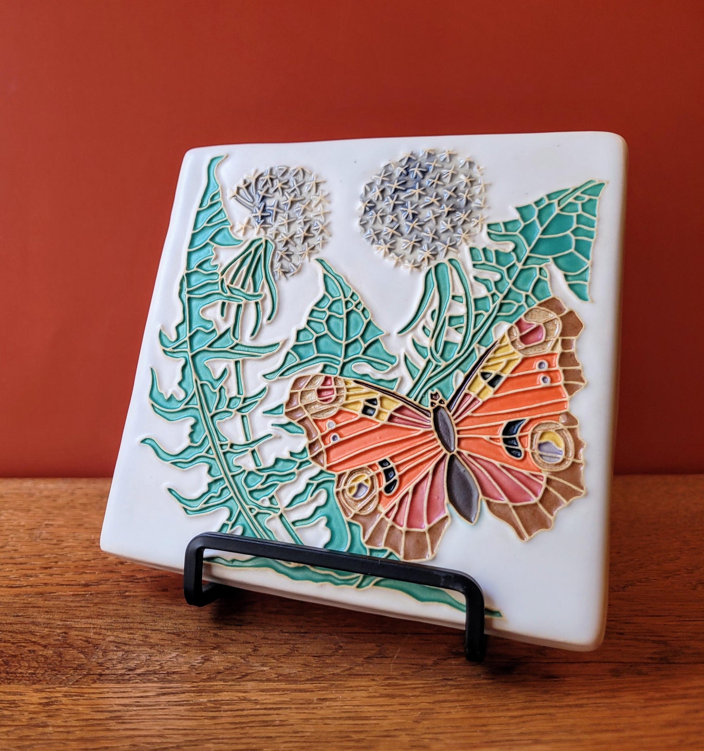 Peacock butterfly Dandelion tile, 5x5 handmade ceramic art tile