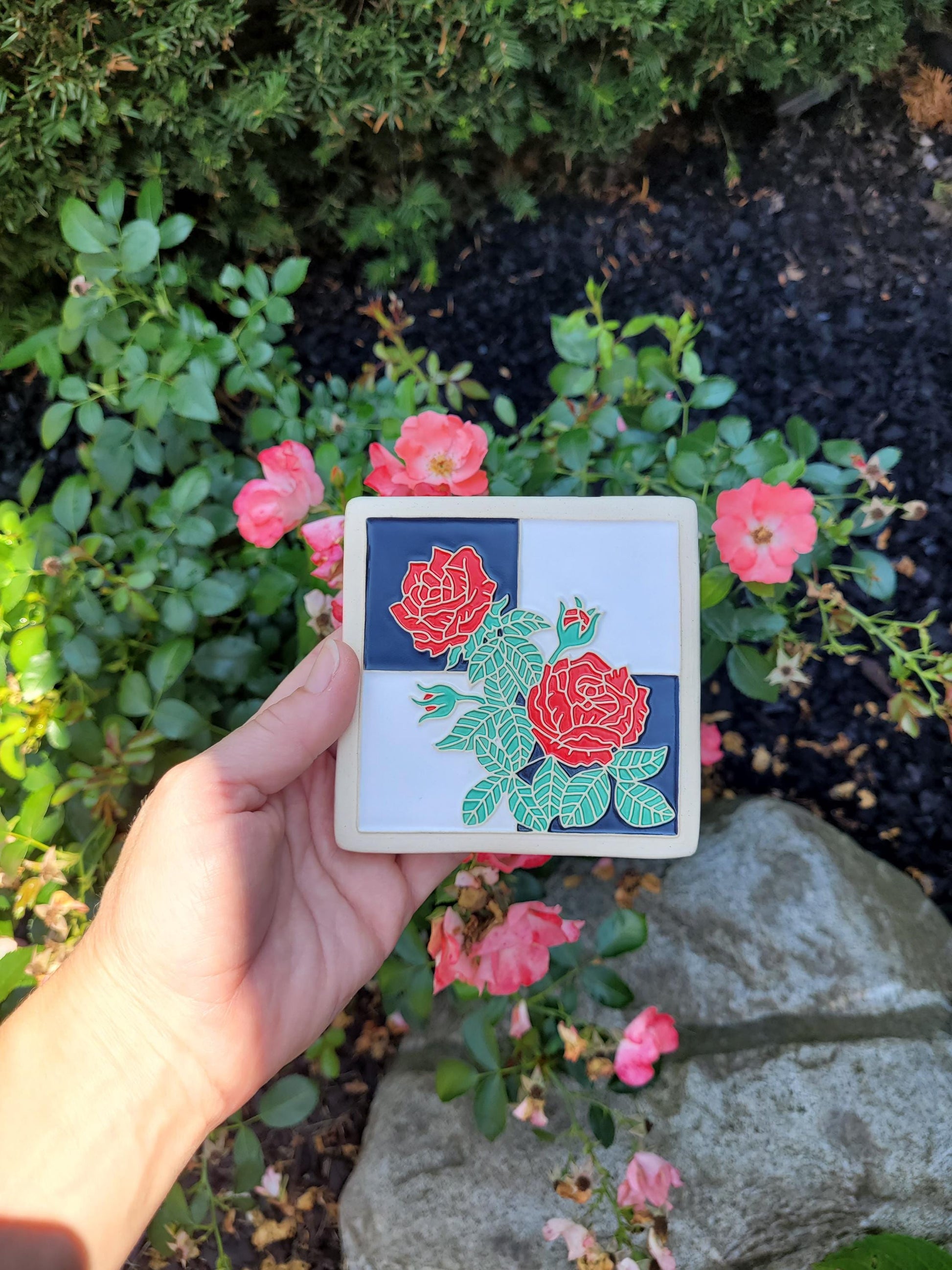 Rose Tile, Handmade ceramic art tile