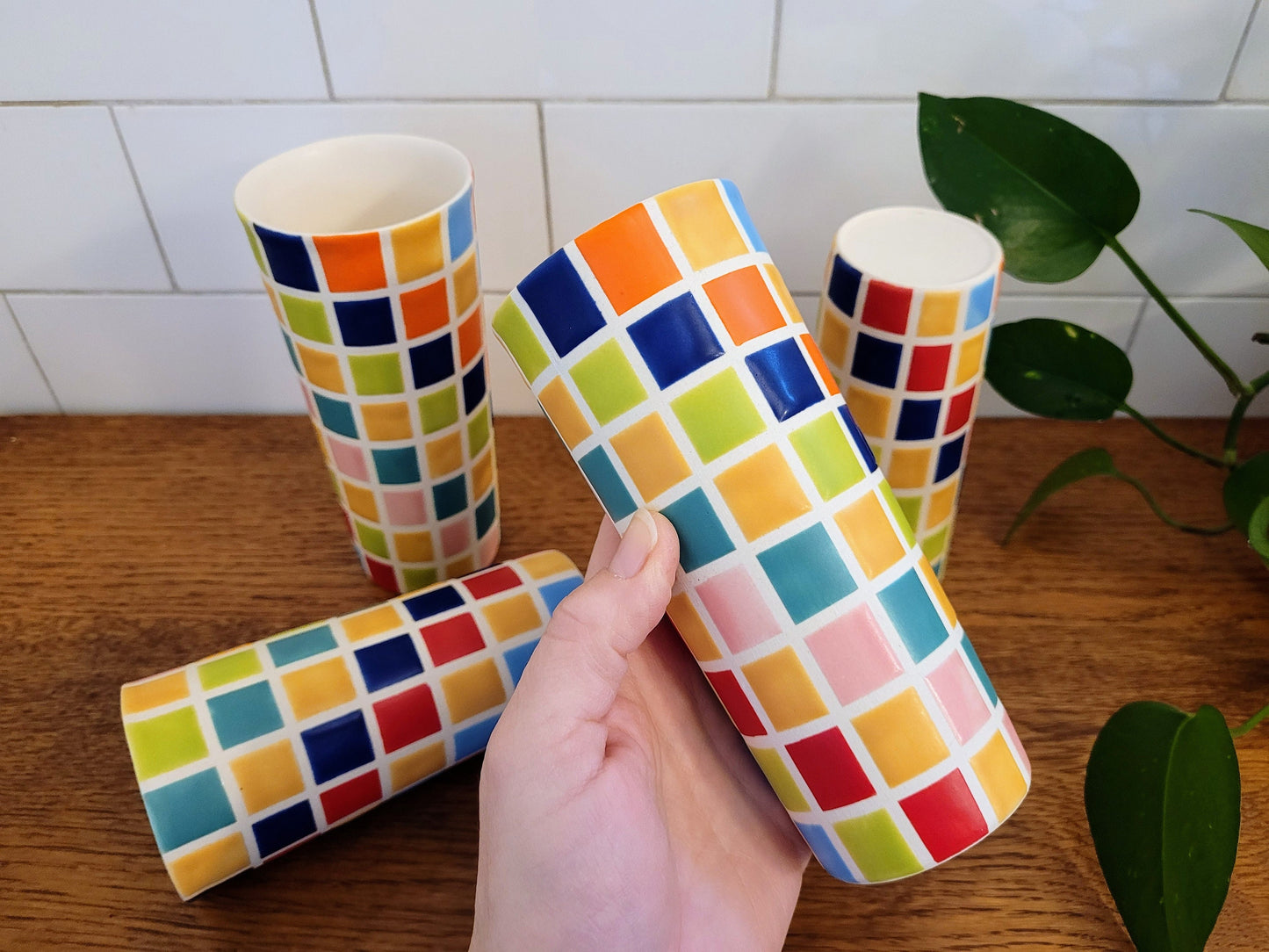 Vintage Mod inspired handmade ceramic tumblers set, slip casted ceramic cup set, 10oz