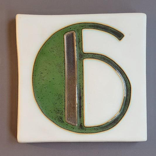 Art Deco ceramic address number tile 6 with accent stripe, handmade in Detroit
