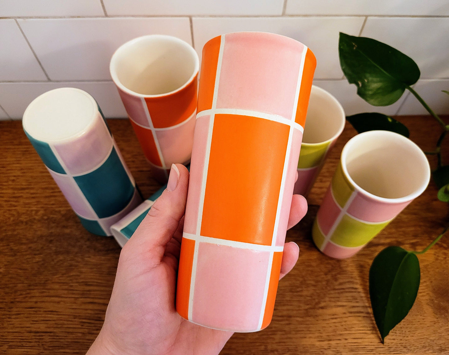 Vintage Mod inspired handmade ceramic tumblers set, slip casted ceramic cup set, 10oz