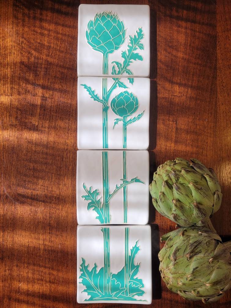 Art Nouveau Artichoke Tile, Handmade ceramic tile