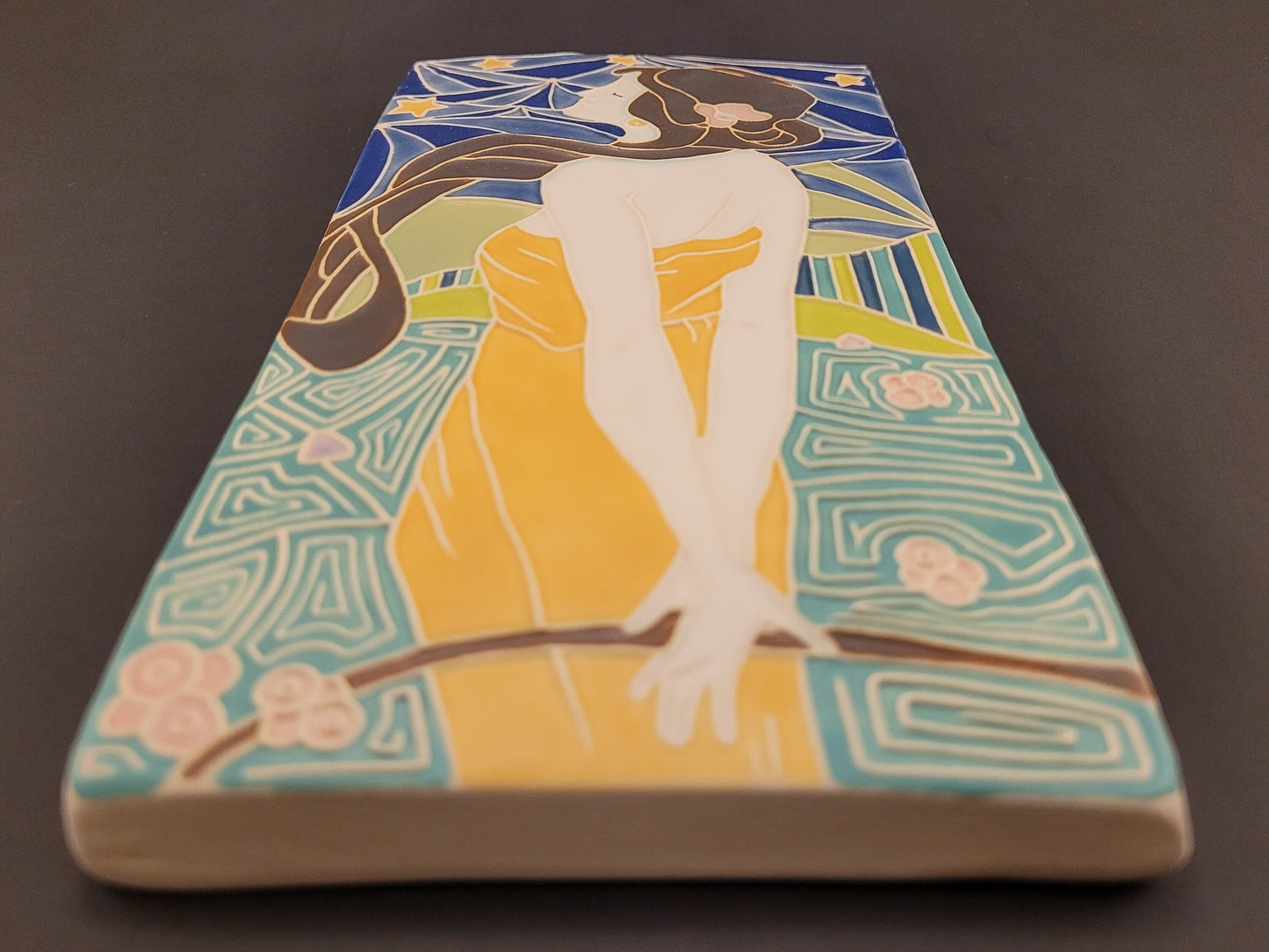 Art Nouveau Lady of the night - Handmade ceramic art tile