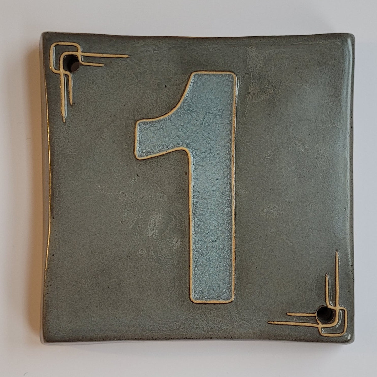 Craftsman ceramic address number tile 1 with corner line-work, handmade in Detroit
