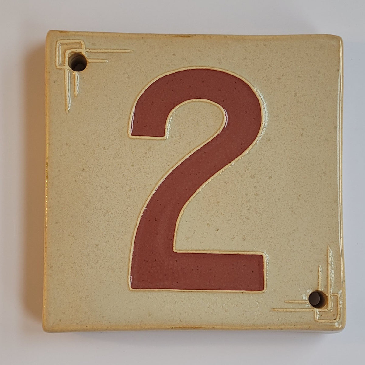 Craftsman ceramic address number tile 2 with corner line-work, handmade in Detroit