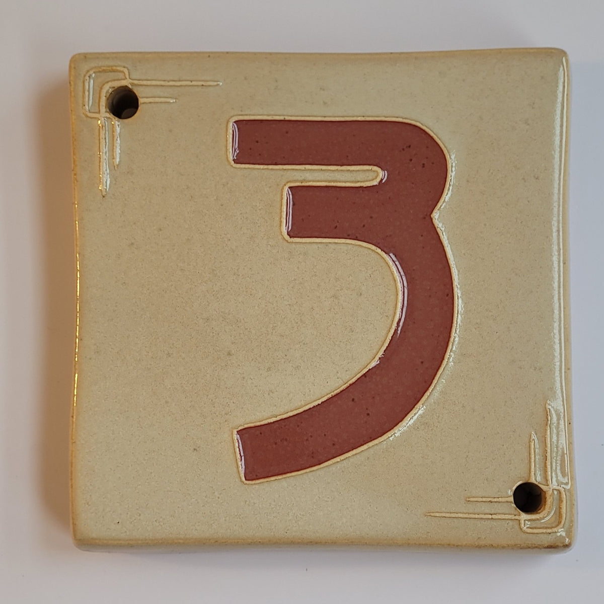 Craftsman ceramic address number tile 3 with corner line-work, handmade in Detroit