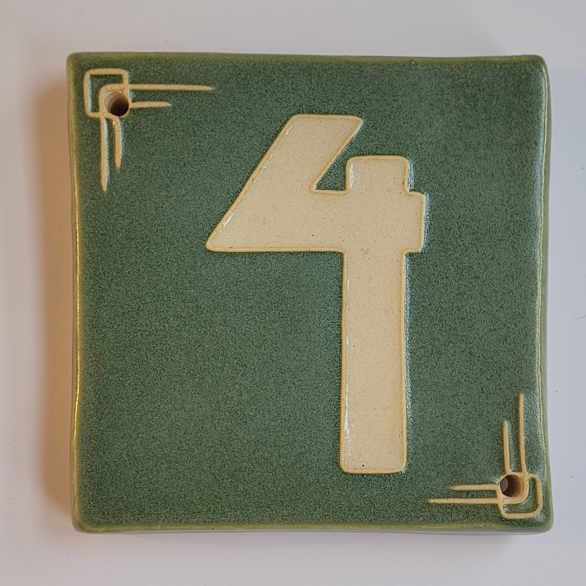 Craftsman ceramic address number tile 4 with corner line-work, handmade in Detroit