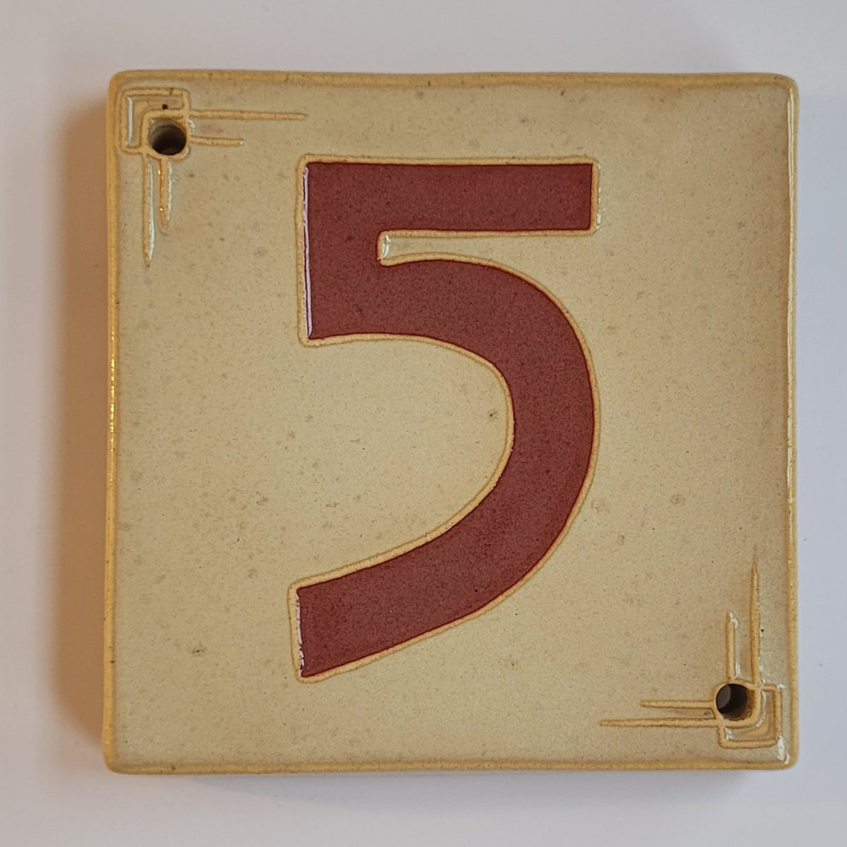 Craftsman ceramic address number tile 5 with corner line-work, handmade in Detroit