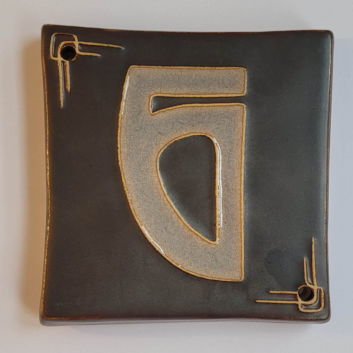 Craftsman ceramic address number tile 6 with corner line-work, handmade in Detroit