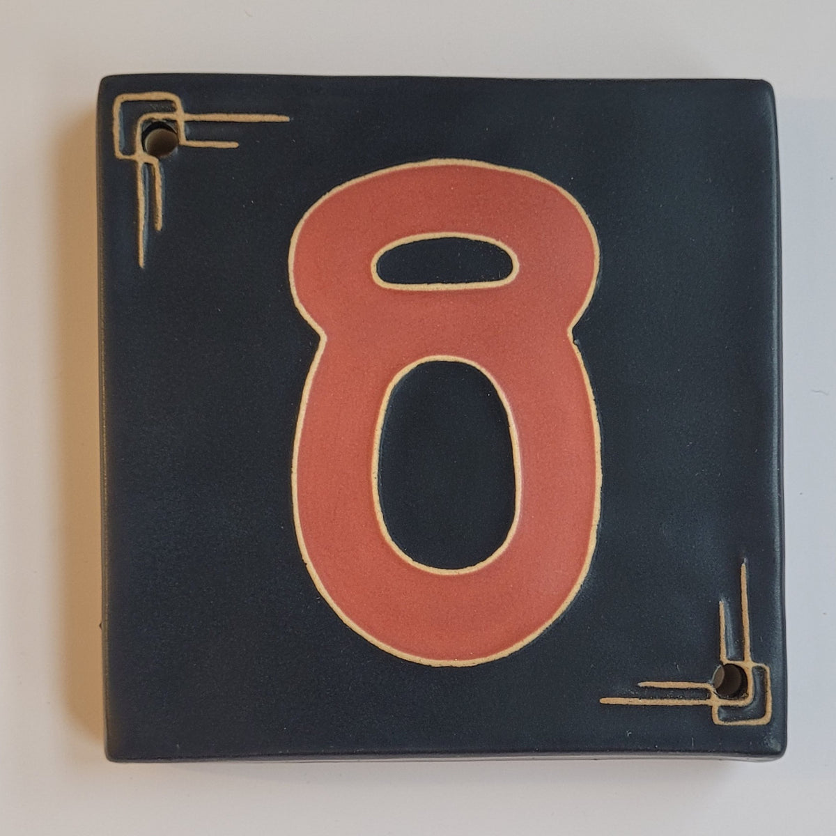Craftsman ceramic address number tile 8 with corner line-work, handmade in Detroit
