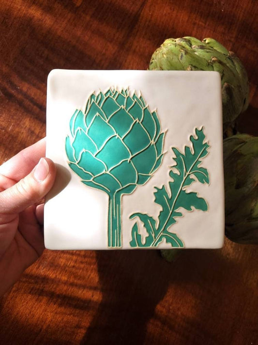 Art Nouveau Artichoke Tile, Handmade ceramic tile