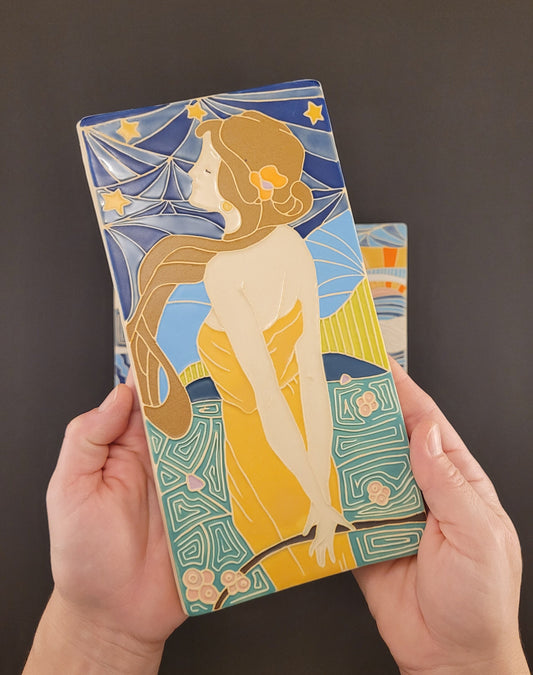 Art Nouveau Lady of the night - Handmade ceramic art tile