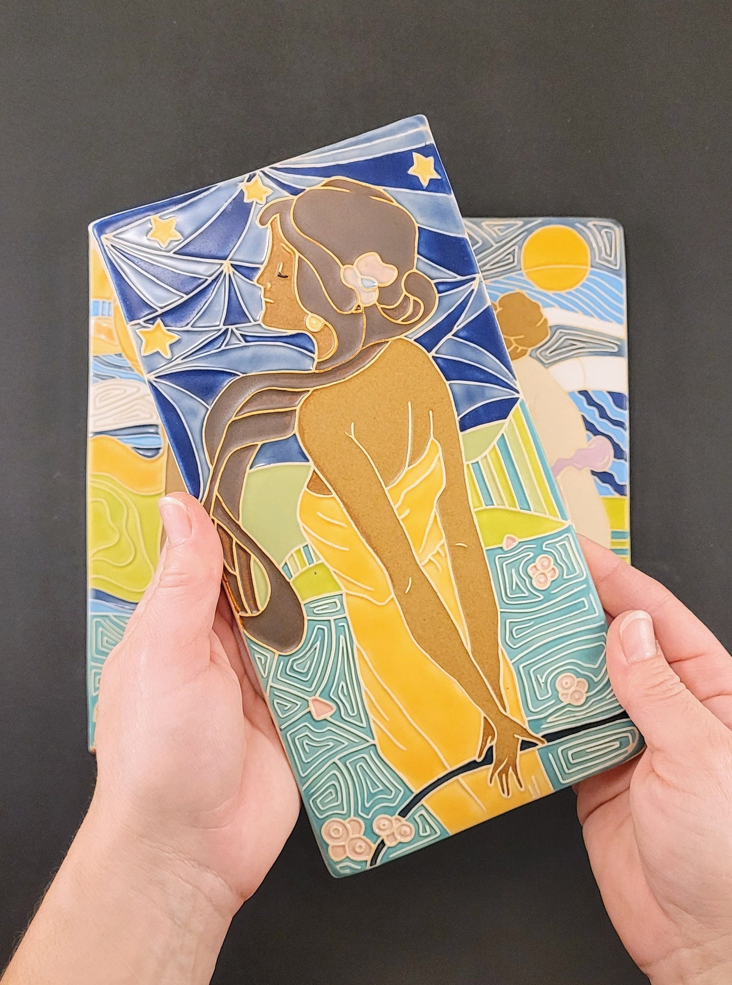 Art Nouveau Lady of the night - Handmade ceramic art tile