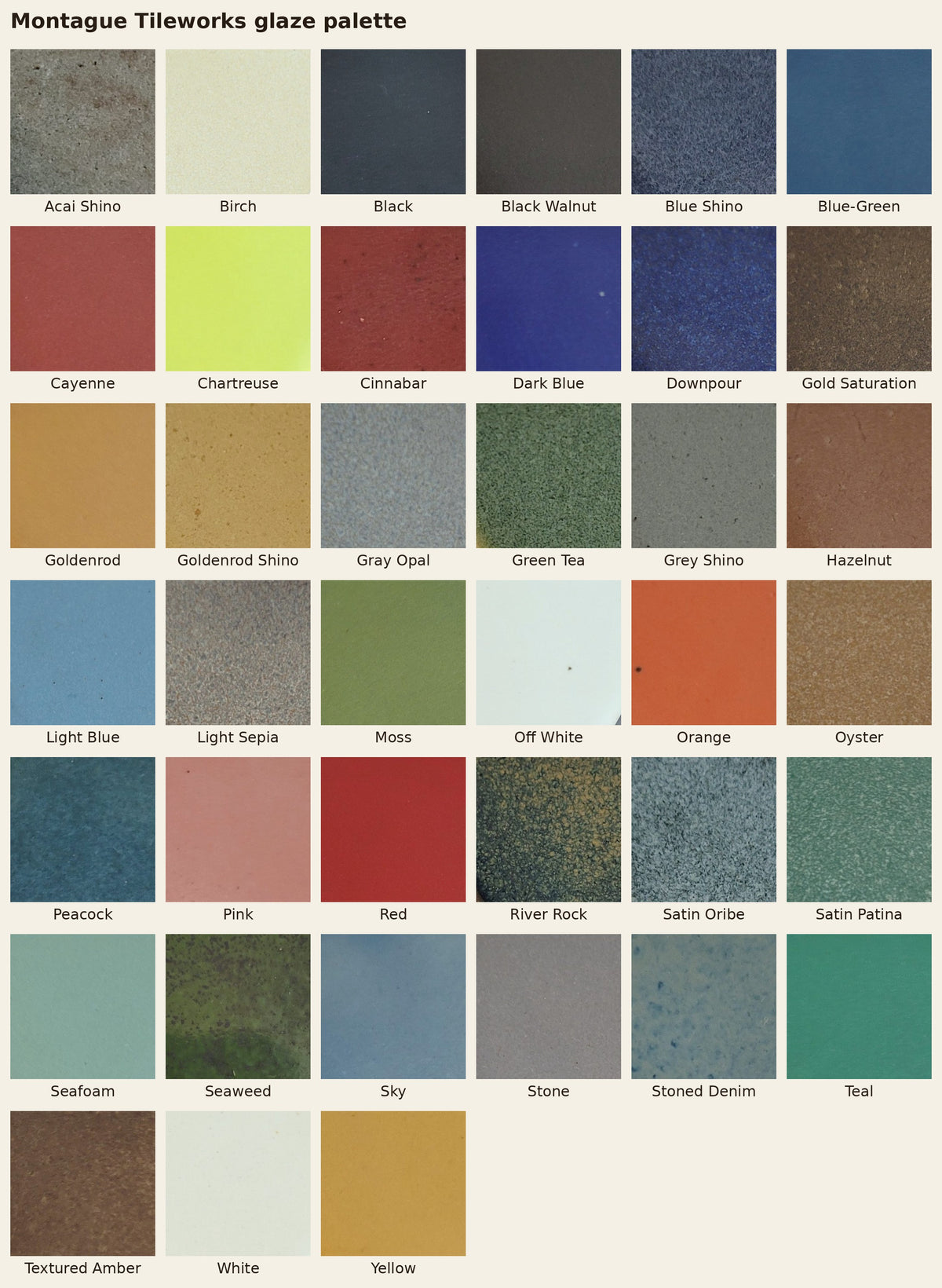 Glaze color chart - all 39 available glazes with names