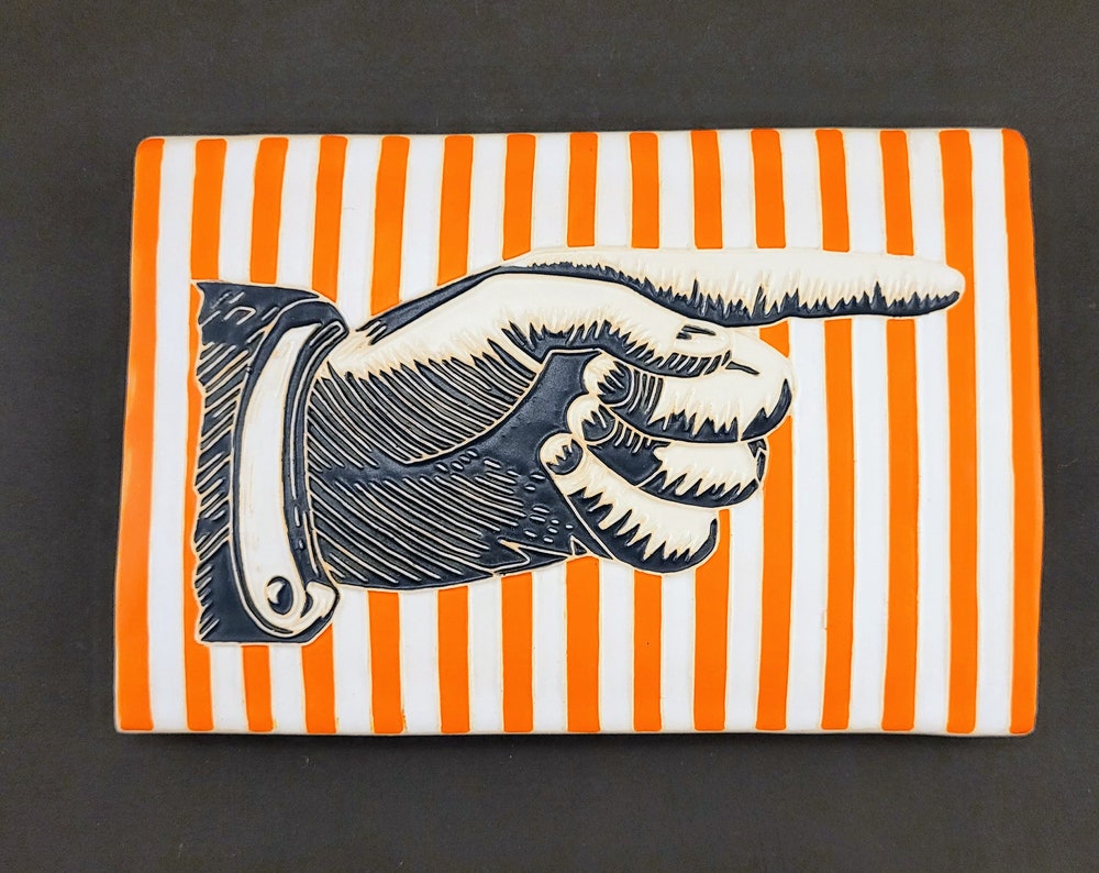 Antique Pointing Hand, handmade ceramic art tile