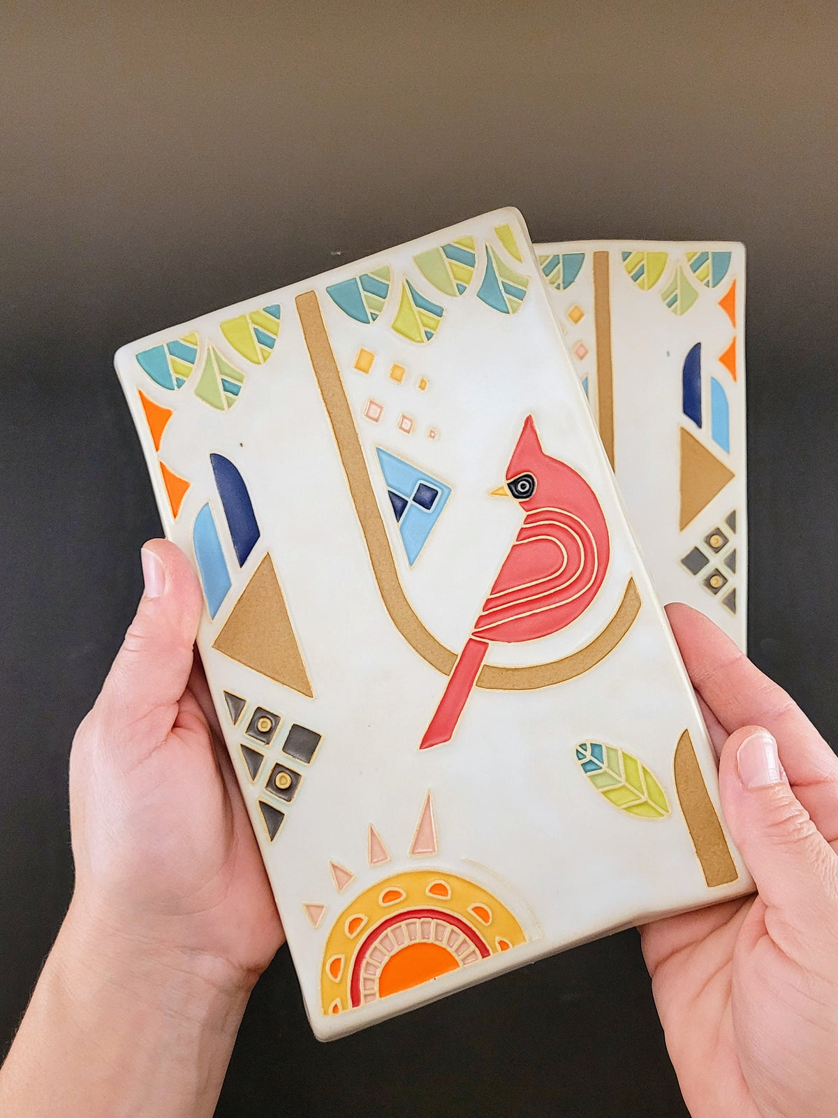 Brightly Glazed Cardinal Tile Set, Handmade Ceramic Art Tile