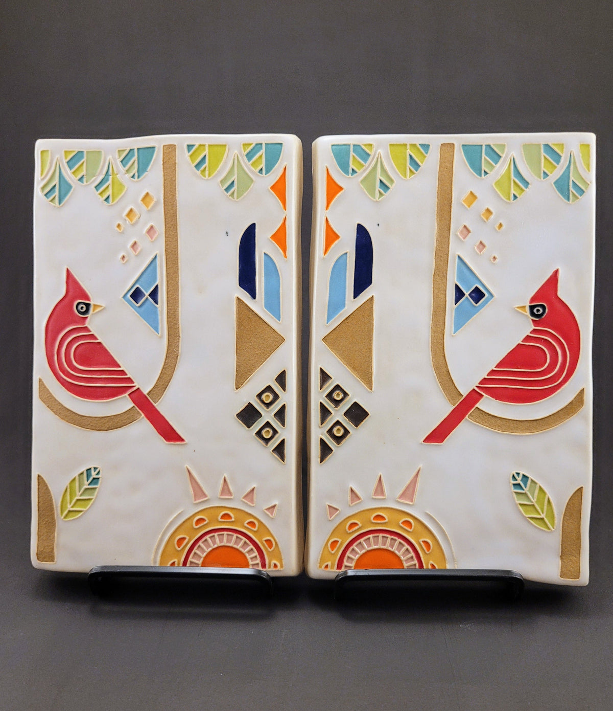 Brightly Glazed Cardinal Tile Set, Handmade Ceramic Art Tile