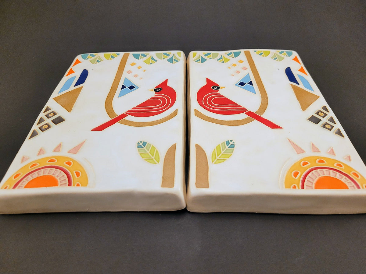 Brightly Glazed Cardinal Tile Set, Handmade Ceramic Art Tile