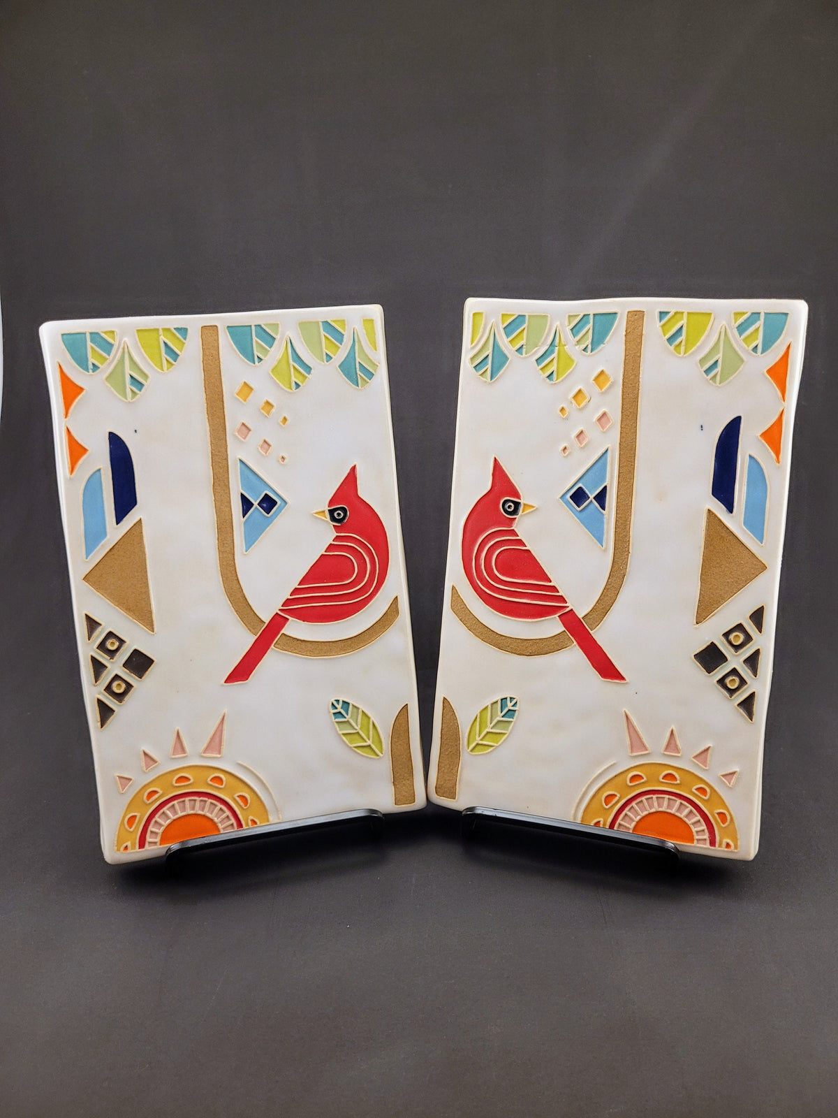 Brightly Glazed Cardinal Tile Set, Handmade Ceramic Art Tile