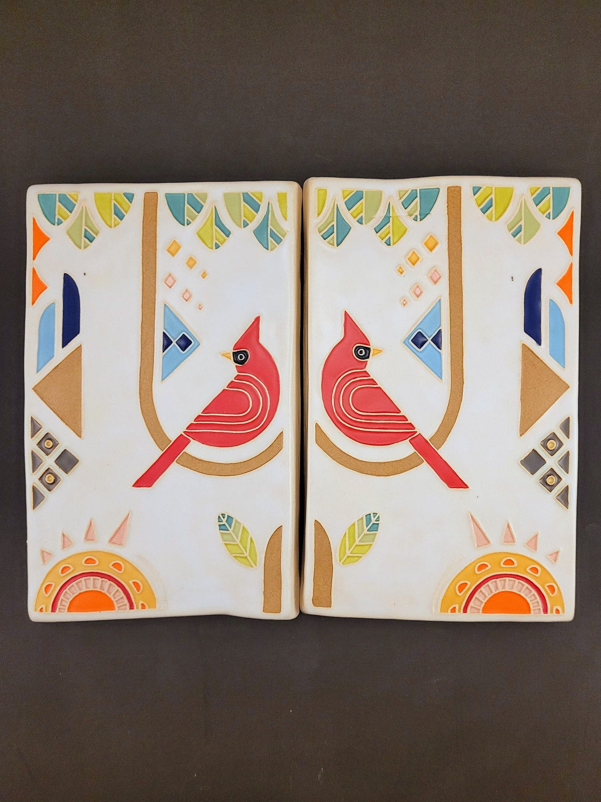 Brightly Glazed Cardinal Tile Set, Handmade Ceramic Art Tile