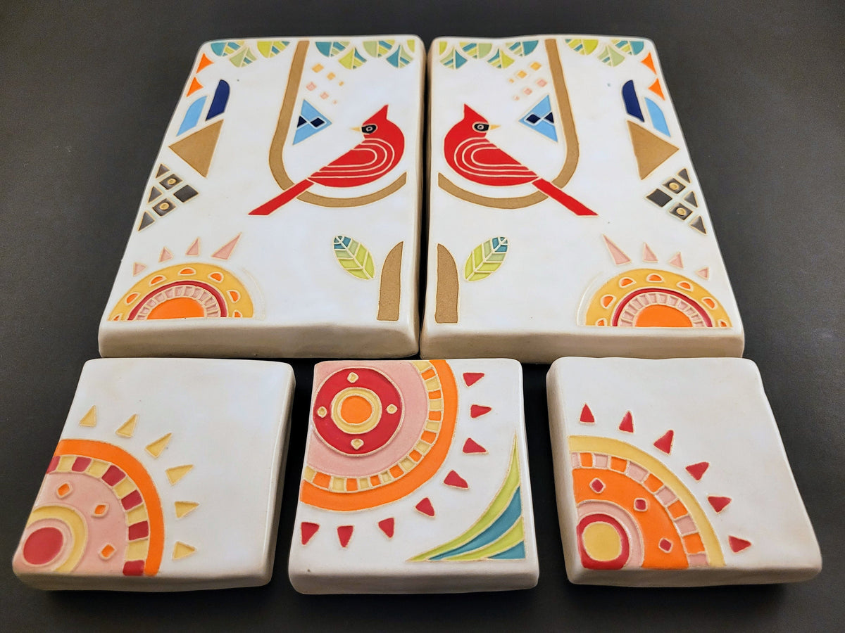 Brightly Glazed Cardinal Tile Set, Handmade Ceramic Art Tile