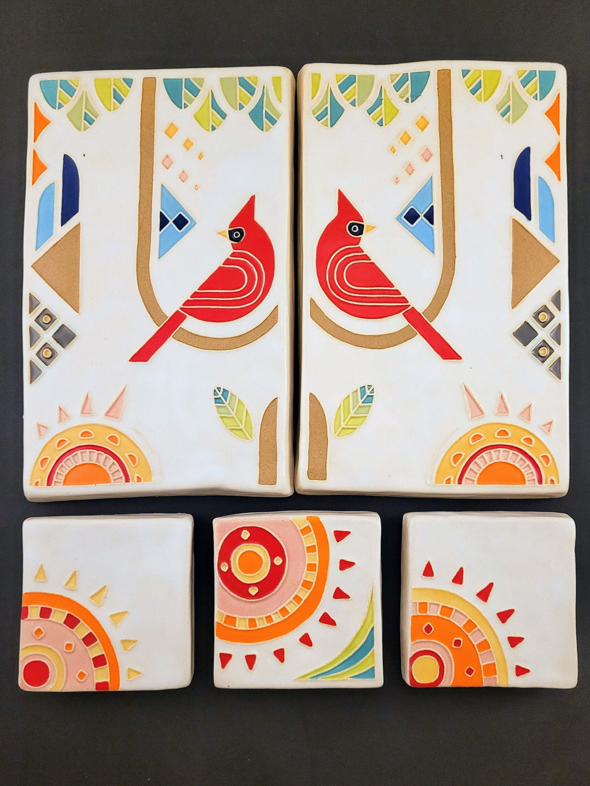 Brightly Glazed Cardinal Tile Set, Handmade Ceramic Art Tile