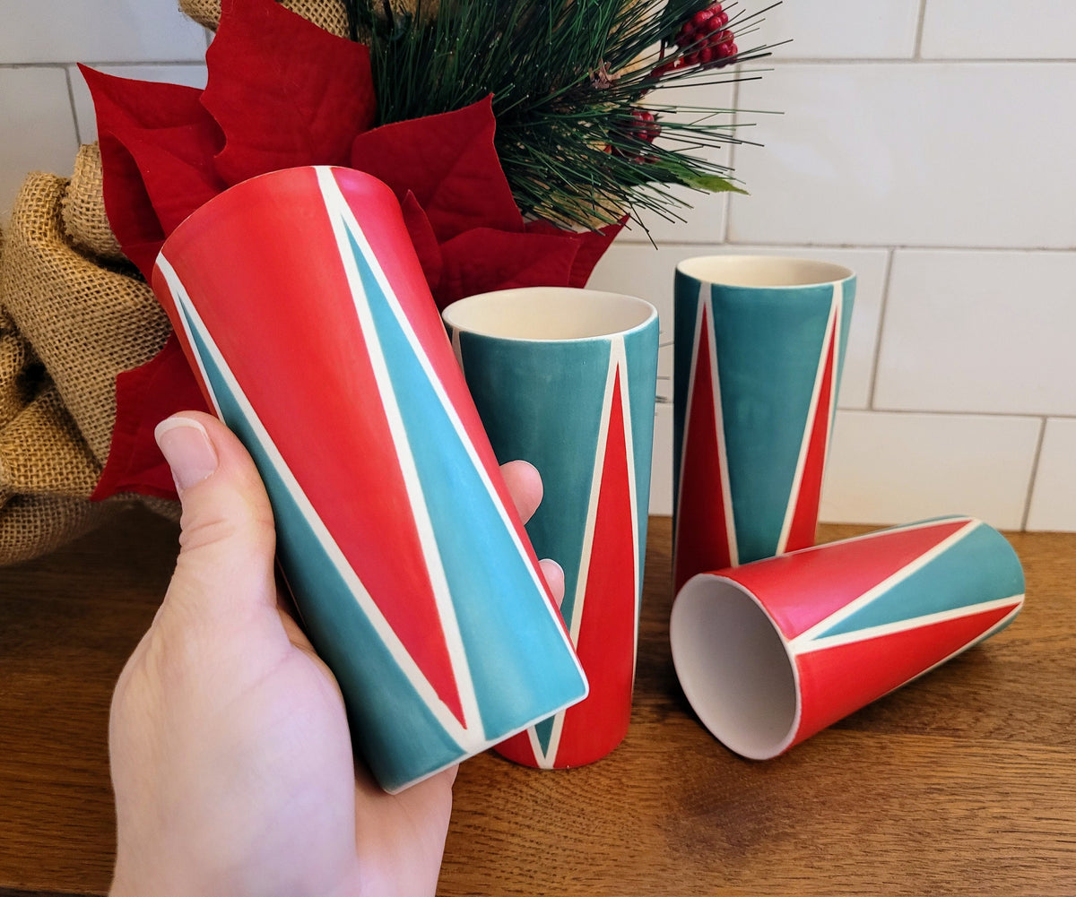 Holiday tumblers, Vintage Mod inspired handmade ceramic tumblers set, slip casted ceramic cup set, 8oz