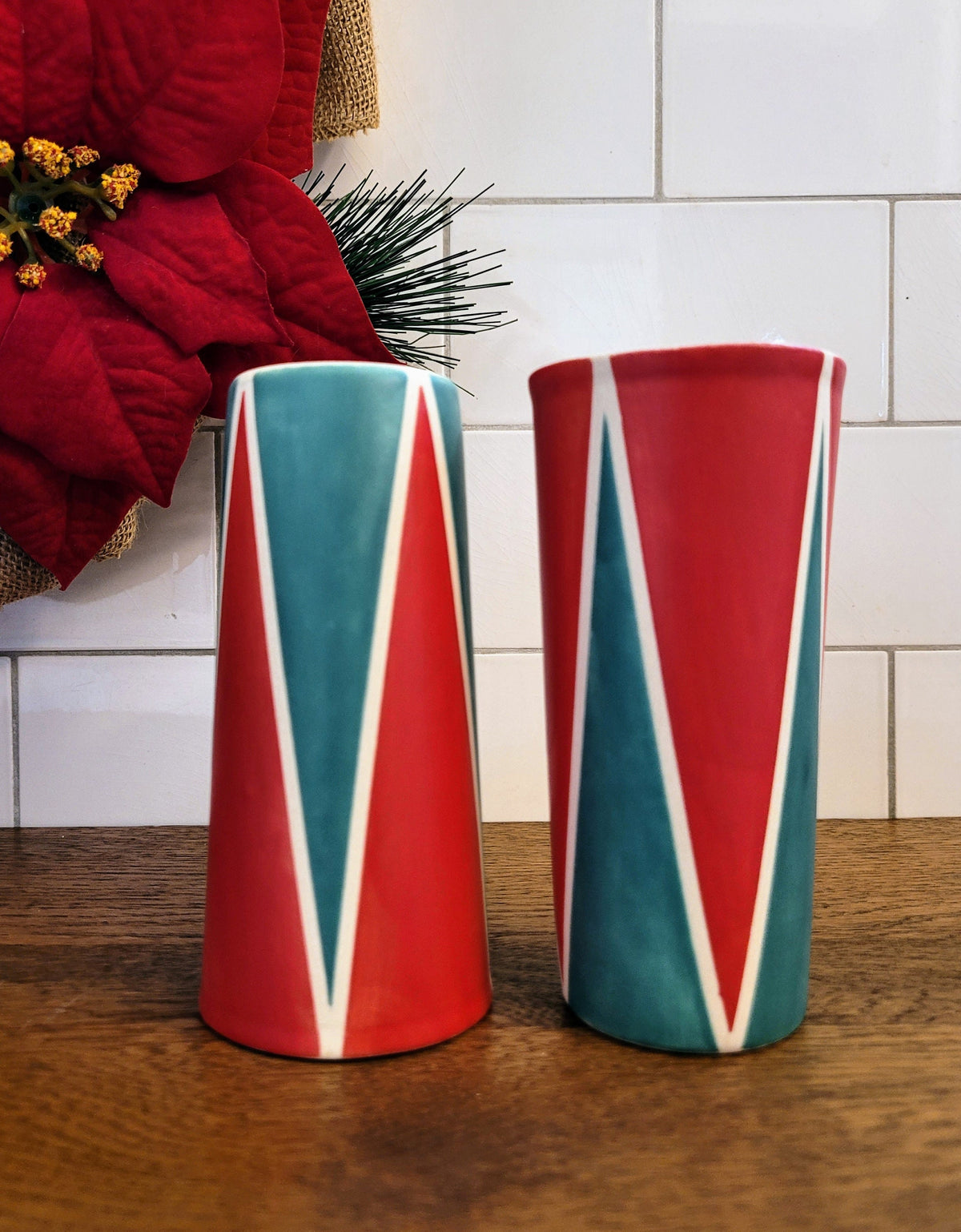 Holiday tumblers, Vintage Mod inspired handmade ceramic tumblers set, slip casted ceramic cup set, 8oz