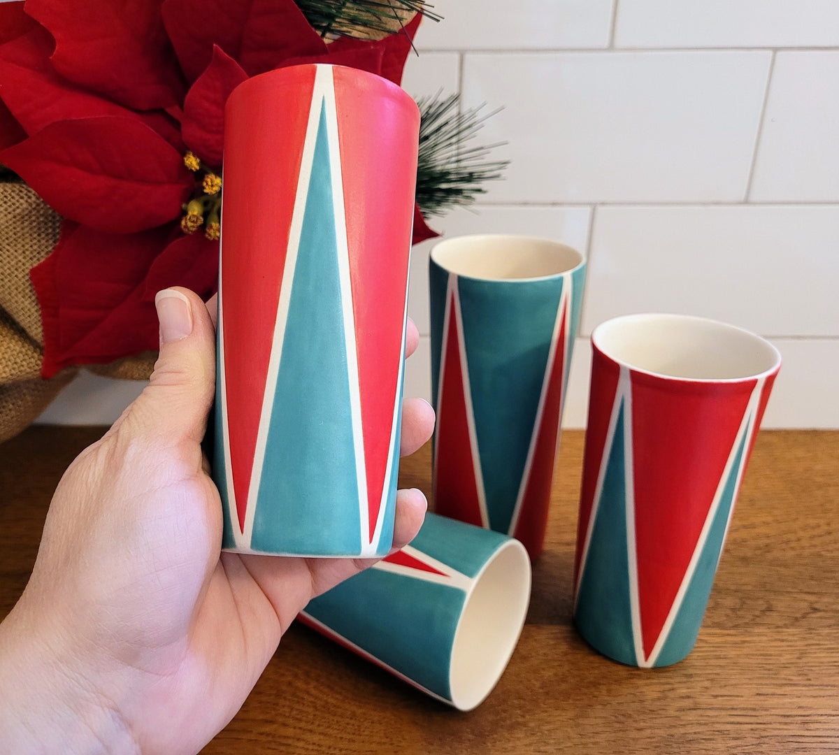 Holiday tumblers, Vintage Mod inspired handmade ceramic tumblers set, slip casted ceramic cup set, 8oz