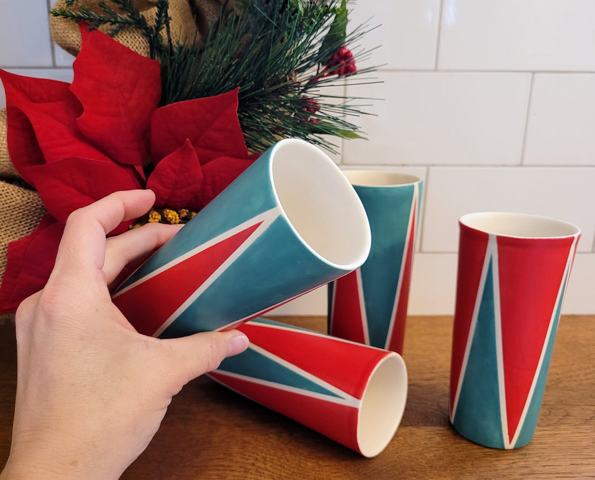 Holiday tumblers, Vintage Mod inspired handmade ceramic tumblers set, slip casted ceramic cup set, 10oz
