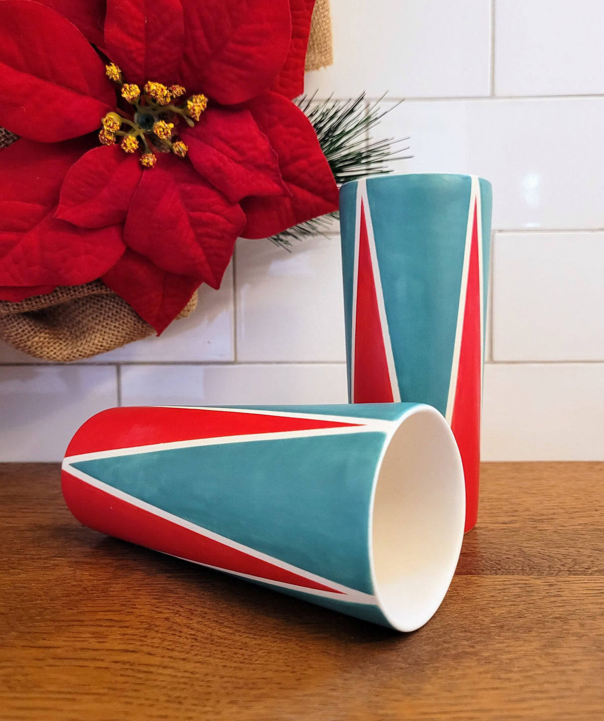Holiday tumblers, Vintage Mod inspired handmade ceramic tumblers set, slip casted ceramic cup set, 10oz