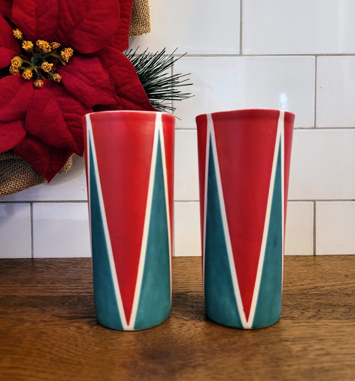 Holiday tumblers, Vintage Mod inspired handmade ceramic tumblers set, slip casted ceramic cup set, 8oz