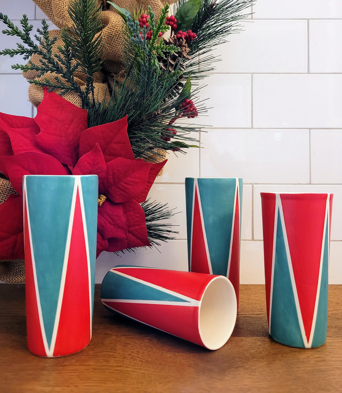 Holiday tumblers, Vintage Mod inspired handmade ceramic tumblers set, slip casted ceramic cup set, 8oz
