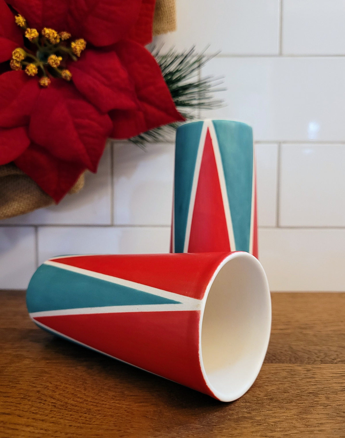 Holiday tumblers, Vintage Mod inspired handmade ceramic tumblers set, slip casted ceramic cup set, 8oz