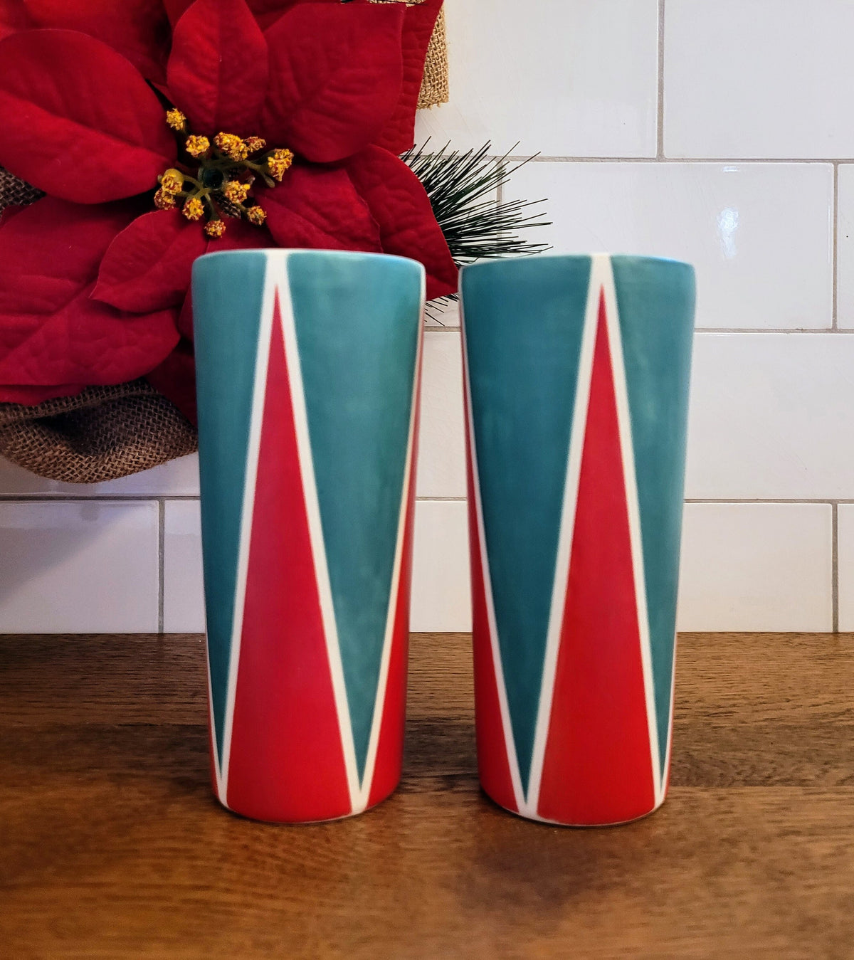 Holiday tumblers, Vintage Mod inspired handmade ceramic tumblers set, slip casted ceramic cup set, 10oz