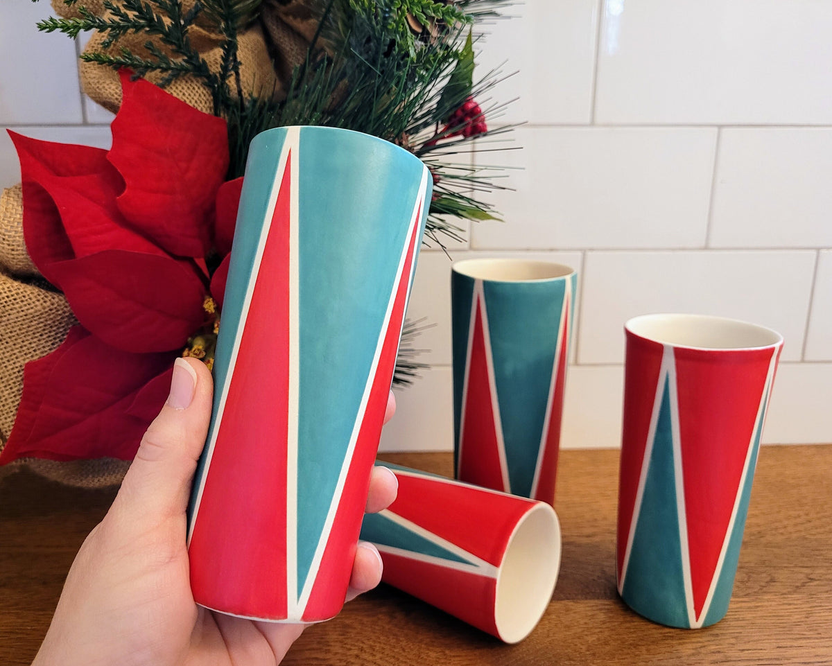 Holiday tumblers, Vintage Mod inspired handmade ceramic tumblers set, slip casted ceramic cup set, 10oz