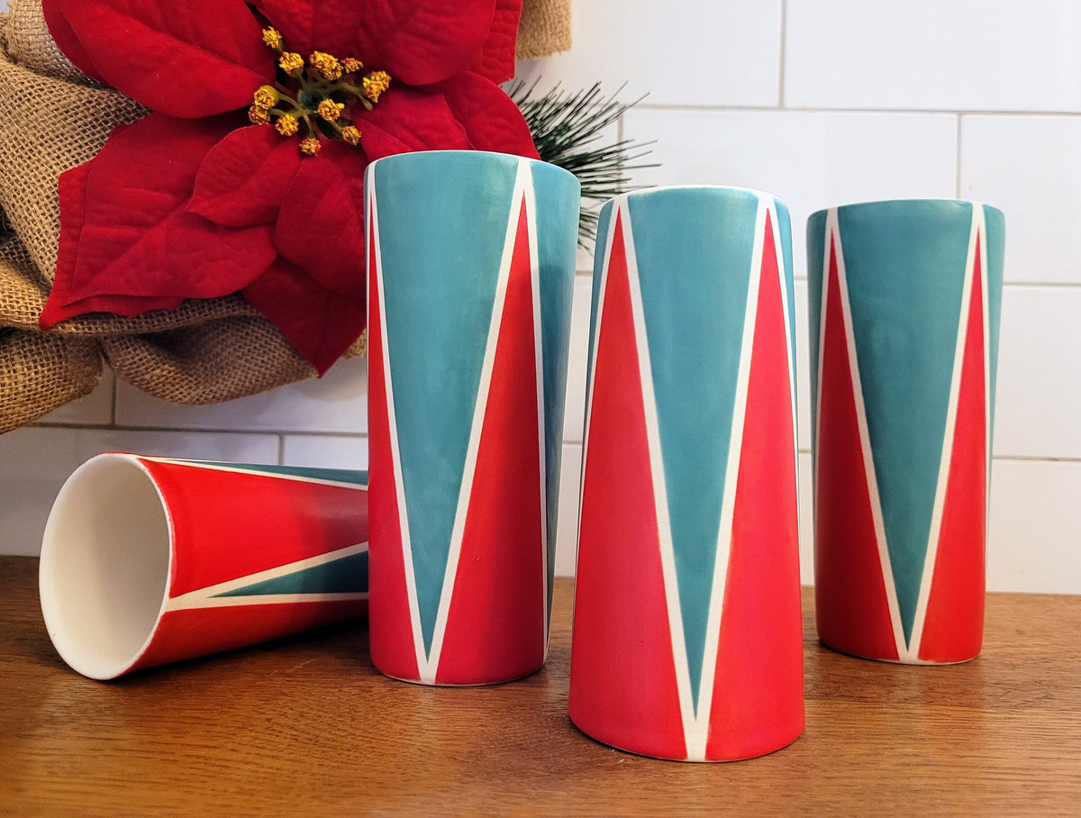 Holiday tumblers, Vintage Mod inspired handmade ceramic tumblers set, slip casted ceramic cup set, 10oz